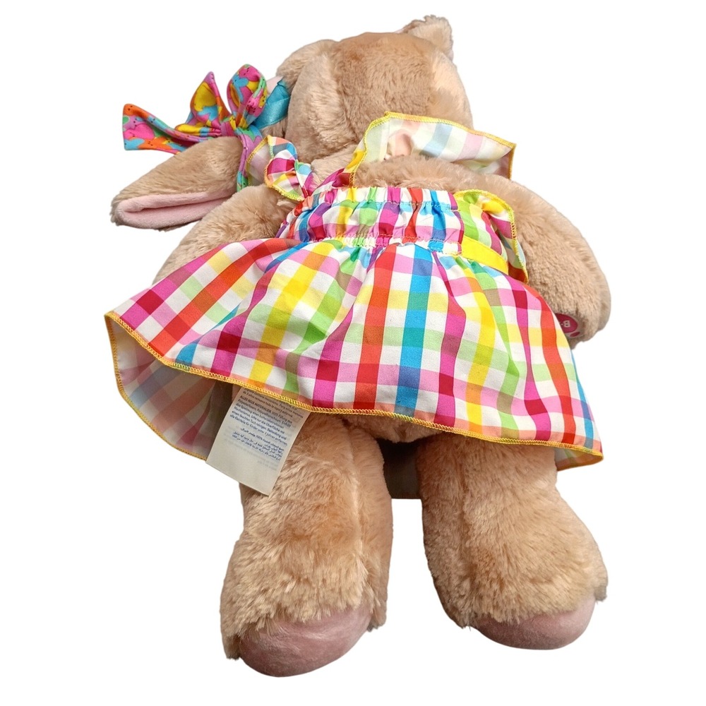 Build-A-Bear Pawlette Bunny Plush Rainbow Gingham Dress Peeps Bow 16 inch Tan
